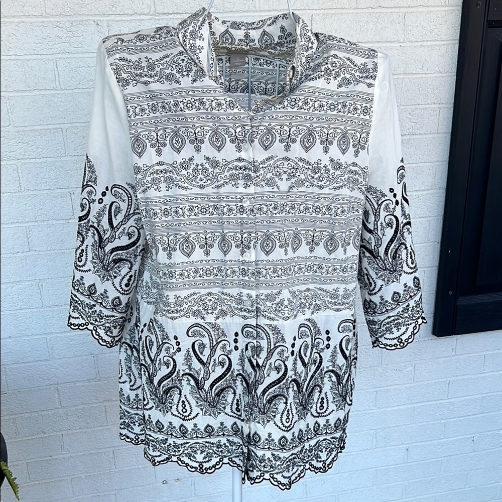 Chico's Black and White Boxy Button Down Top